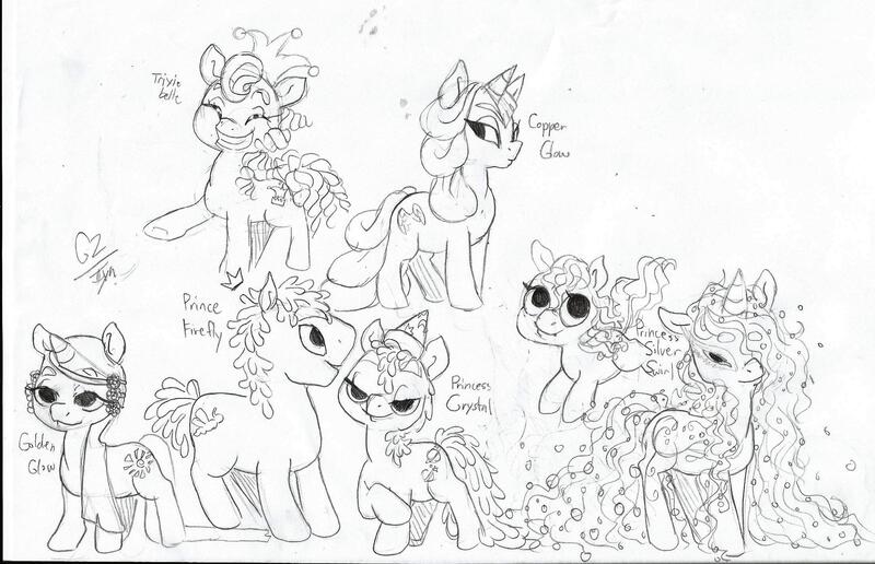 Size: 2205x1421 | Tagged: artist:iiyalovestobite, baby swirly, copper glow, derpibooru import, g2, g2 to g4, generation leap, golden glow, monochrome, prince firefly, princess crystal, princess silver swirl, princess trixiebelle, safe, sketch, trixiebelle