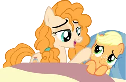 Size: 4903x3212 | Tagged: safe, artist:ironm17, derpibooru import, applejack, pear butter, earth pony, pony, blanket, cute, female, hoof on cheek, jackabetes, looking at each other, mother and daughter, pearabetes, pillow, simple background, singing, transparent background, vector