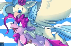 Size: 5100x3300 | Tagged: safe, artist:draikinator, derpibooru import, pinkie pie, princess skystar, classical hippogriff, hippogriff, pony, my little pony: the movie, cute, female, flying, lesbian, open mouth, shipping, skypie