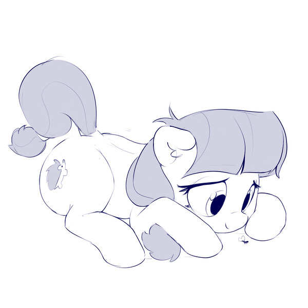 Size: 1280x1280 | Tagged: safe, artist:dimfann, derpibooru import, lily longsocks, earth pony, insect, pony, adorasocks, female, filly, looking at something, looking down, monochrome, prone, simple background, solo, white background