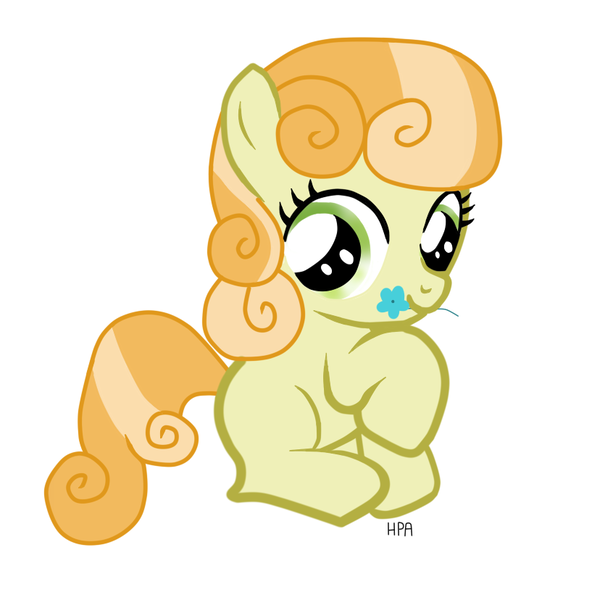 Size: 846x828 | Tagged: safe, artist:haylincita, derpibooru import, junebug, earth pony, pony, cute, female, filly, flower, mouth hold, raised hoof, smiling, solo, younger