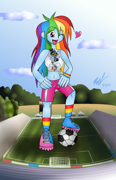 Size: 1366x2105 | Tagged: questionable, artist:axel-dk64, artist:axeldk64, derpibooru import, rainbow dash, oc, oc:checkerboard, equestria girls, bleachers, breasts, canon x oc, clothes, football, giantess, giga, heart, macro, one eye closed, shorts, size difference, soccer field, sports, stands, tanktop, wink