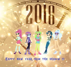 Size: 1661x1577 | Tagged: safe, artist:obeliskgirljohanny, derpibooru import, indigo zap, lemon zest, sour sweet, sugarcoat, sunny flare, equestria girls, 2018, happy new year, holiday, shadow five