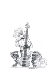 Size: 950x1421 | Tagged: anthro, artist:baron engel, bass guitar, breasts, casual nudity, clothes, collar, derpibooru import, electric guitar, female, grayscale, guitar, looking at you, metal belle, monochrome, musical instrument, nudity, partial nudity, pencil drawing, simple background, solo, solo female, strategically covered, suggestive, sweetie belle, topless, traditional art, white background