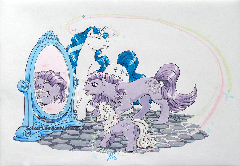 Size: 1133x784 | Tagged: safe, artist:solkatt, derpibooru import, baby blossom, blossom, majesty, earth pony, pony, unicorn, altered reflection, baby, baby pony, female, filly, foal, g1, magic, magic mirror, mare, mirror, obtrusive watermark, traditional art, trio, twirled her magic horn, watermark