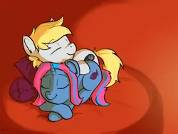 Size: 2000x1500 | Tagged: safe, artist:scritchy, derpibooru import, oc, oc:lucky stone, oc:shelby pone, unofficial characters only, earth pony, pony, unicorn, bed, cuddling, cute, eyes closed, female, male, oc x oc, pillow, romantic, shipping, sleeping, snuggling, straight, warm