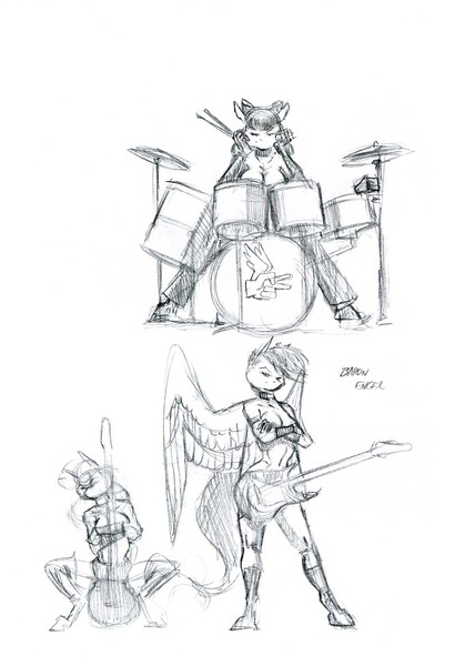 Size: 1100x1543 | Tagged: anthro, apple bloom, artist:baron engel, bass guitar, breasts, clothes, cutie mark crusaders, derpibooru import, drums, electric guitar, female, grayscale, guitar, looking at you, mare, monochrome, musical instrument, older, partial nudity, pencil drawing, scootaloo, simple background, strategically covered, suggestive, sweetie belle, topless, traditional art, trio, white background