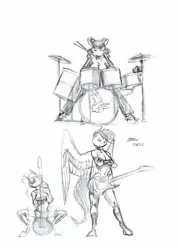 Size: 1100x1543 | Tagged: anthro, apple bloom, artist:baron engel, bass guitar, breasts, clothes, cutie mark crusaders, derpibooru import, drums, electric guitar, female, grayscale, guitar, looking at you, mare, monochrome, musical instrument, older, partial nudity, pencil drawing, scootaloo, simple background, strategically covered, suggestive, sweetie belle, topless, traditional art, trio, white background