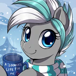 Size: 1500x1500 | Tagged: safe, artist:evomanaphy, derpibooru import, oc, oc:magix, unofficial characters only, pony, blue eyes, bust, clothes, cute, cyan mane, female, gray coat, looking at you, mare, mug, portrait, scarf, smiling, snow, solo, white mane