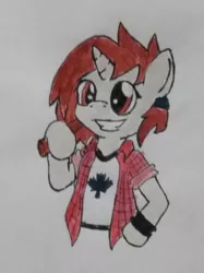 Size: 334x446 | Tagged: safe, artist:mystic bolt, derpibooru import, oc, oc:maple, unofficial characters only, unicorn, flannel, hair tie, painting, solo, toronto maple leafs, traditional art