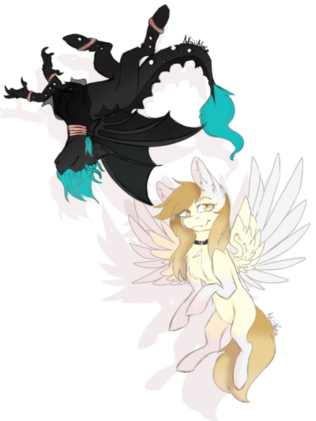 Size: 1024x1365 | Tagged: safe, artist:akiiichaos, derpibooru import, oc, oc:lady, oc:willow, unofficial characters only, changeling, dragon, hybrid, pegasus, pony, bat wings, female, mare, simple background, transparent background