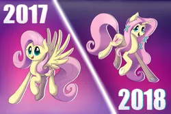 Size: 2743x1828 | Tagged: safe, artist:supercoco142, derpibooru import, fluttershy, pegasus, pony, unicorn, leak, spoiler:g5, 2010s, 2017, 2018, comparison, fluttershy (g5), g4, g5, gradient background, older, older fluttershy, race swap, solo, unicorn fluttershy