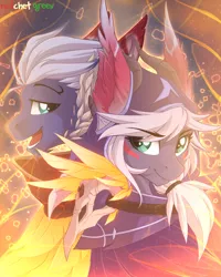 Size: 1000x1250 | Tagged: safe, artist:redchetgreen, derpibooru import, ponified, pony, clothes, crossover, league of legends, open mouth, rakan, xayah