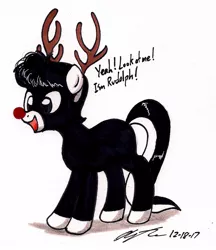 Size: 984x1137 | Tagged: safe, artist:newyorkx3, derpibooru import, oc, oc:tommy junior, unofficial characters only, earth pony, pony, antlers, cute, dialogue, ocbetes, rudolph the red nosed reindeer, solo, traditional art