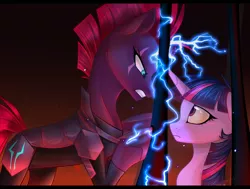 Size: 3150x2385 | Tagged: safe, artist:mp-printer, derpibooru import, tempest shadow, twilight sparkle, twilight sparkle (alicorn), alicorn, pony, unicorn, my little pony: the movie, armor, eye scar, magic, scar, scene interpretation