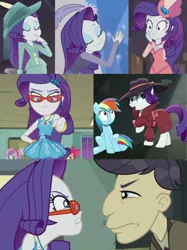 Size: 2048x2732 | Tagged: safe, derpibooru import, screencap, cranky doodle donkey, rainbow dash, rarity, equestria girls, equestria girls series, happily ever after party, rarity investigates, rarity investigates: the case of the bedazzled boot, amethyst, clothes, detective rarity, dress, eyes closed, eyeshadow, feather, fedora, glasses, glasses rarity, happily ever after party: rarity, hat, makeup, pillbox hat, rarity investigates (eqg): applejack, rarity investigates (eqg): pinkie pie, rarity investigates (eqg): trixie, rarity's glasses, sitting, suit, trenchcoat