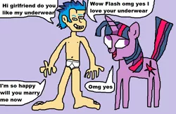 Size: 825x538 | Tagged: safe, derpibooru import, flash sentry, twilight sparkle, pony, unicorn, equestria girls, 1000 hours in ms paint, clothes, derp, dialogue, female, flashlight, grin, human flash sentry x pony twilight, interspecies, male, mare, open mouth, purple background, shipping, simple background, smiling, speech bubble, straight, tighty whities, underwear, wat