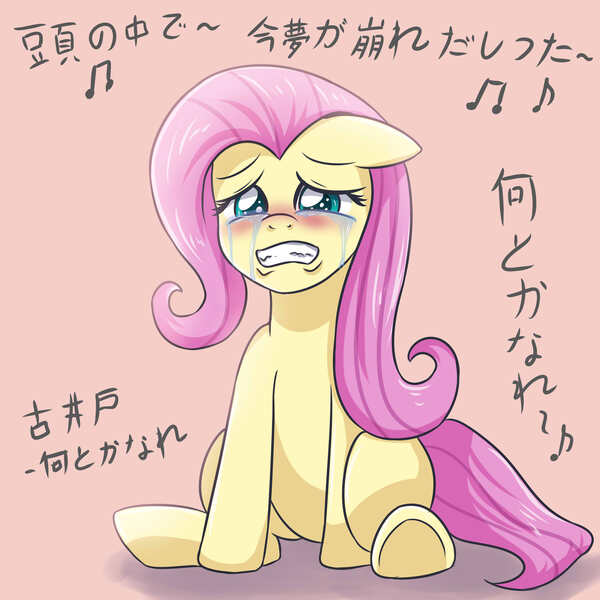 Size: 2952x2952 | Tagged: safe, artist:sumin6301, derpibooru import, fluttershy, pegasus, pony, crying, female, floppy ears, gritted teeth, japanese, mare, sad, sitting, solo, teary eyes, translation request