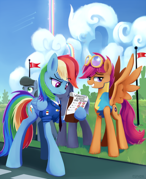 Size: 714x870 | Tagged: safe, alternate version, artist:gsphere, derpibooru import, rainbow dash, scootaloo, oc, pegasus, pony, academy record, alternate cutie mark, clothes, full circle, goggles, older, rainbow waterfall, scootaloo can fly, uniform, wonderbolt scootaloo, wonderbolt trainee uniform, wonderbolts, wonderbolts dress uniform