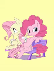 Size: 1224x1632 | Tagged: safe, artist:manmaru00, derpibooru import, fluttershy, pinkie pie, pony, armpits, bench, drink, drinking, duo, hoof hold, looking at you, simple background, sitting, yellow background