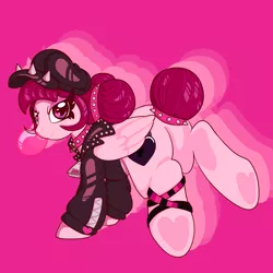 Size: 1500x1500 | Tagged: safe, artist:angei-bites, derpibooru import, oc, oc:cupid, unofficial characters only, pegasus, pony, bubblegum, cap, clothes, female, food, gum, hat, mare, solo, underhoof