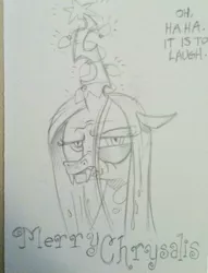 Size: 899x1177 | Tagged: andy you magnificent bastard, artist:andypriceart, bust, derpibooru import, merry christmas, merry chrysalis, monochrome, name pun, pun, queen chrysalis, safe, solo, traditional art