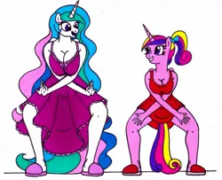 Size: 1709x1389 | Tagged: alicorn, anthro, artist:killerteddybear94, aunt and niece, breasts, busty princess cadance, busty princess celestia, charleston, cleavage, clothes, cute, cutedance, cutelestia, dancing, derpibooru import, looking at each other, momlestia, nightgown, open mouth, ponytail, princess cadance, princess celestia, safe, slippers, smiling, teen princess cadance, traditional art
