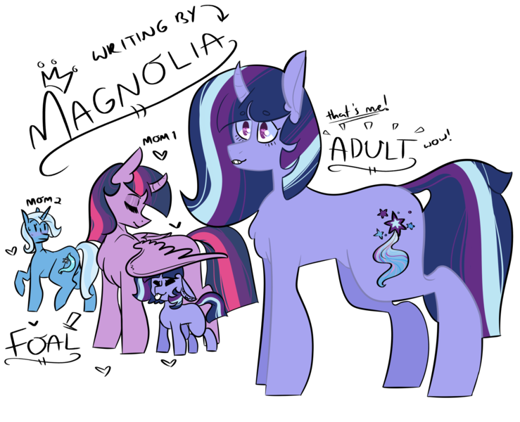 Size: 1812x1472 | Tagged: safe, artist:migrainestars, derpibooru import, trixie, twilight sparkle, oc, family, female, lesbian, magical lesbian spawn, offspring, parent:trixie, parent:twilight sparkle, parents:twixie, shipping, simple background, transparent background, twixie