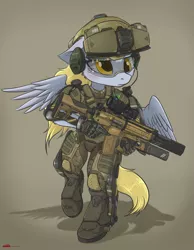 Size: 2158x2788 | Tagged: anthro, armor, artist:orang111, assault rifle, boots, boots on hooves, clothes, derpibooru import, derpy hooves, detailed, exosuit, female, grenade launcher, gun, headset, helmet, high res, hud, mare, operator, pegasus, powered exoskeleton, railgun, rifle, safe, shoes, solo, trigger discipline, unguligrade anthro, visor, weapon, wings