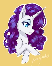 Size: 3200x4000 | Tagged: safe, artist:yumeyuuheii, derpibooru import, rarity, pony, unicorn, beautiful, bust, curly mane, cute, female, heart eyes, looking at you, mare, portrait, profile, raribetes, simple background, smiling, solo, sparkles, wingding eyes, yellow background