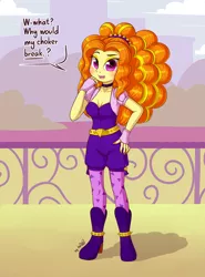 Size: 2310x3125 | Tagged: suggestive, alternate version, artist:dsp2003, derpibooru import, adagio dazzle, human, equestria girls, rainbow rocks, adoragio, blushing, breasts, building, choker, city, cleavage, clothes, cloud, comic, cute, dialogue, female, fingerless gloves, gloves, high heels, looking at you, open mouth, raised eyebrow, shoes, single panel, sky, solo, spiked headband, until the choker breaks