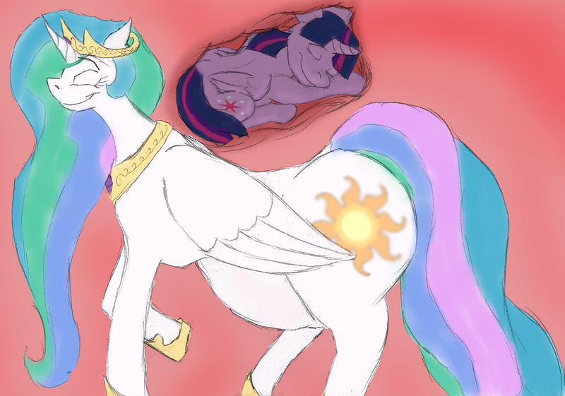 Size: 3390x2378 | Tagged: alicorn, anatomically incorrect, artist:wesleyfoxx, belly, colored sketch, derpibooru import, eyes closed, fetish, incorrect leg anatomy, internal, preylight, princess celestia, princess vorestia, questionable, size difference, smiling, soft vore, the ass was fat, twilight sparkle, twilight sparkle (alicorn), vore, willing vore