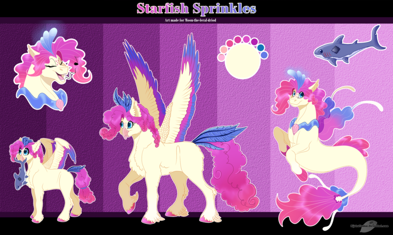Size: 2339x1404 | Tagged: safe, artist:bijutsuyoukai, derpibooru import, oc, oc:starfish sprinkles, unofficial characters only, classical hippogriff, hippogriff, pegasus, pony, seapony (g4), shark, bust, female, filly, magical lesbian spawn, mouth hold, offspring, parent:pinkie pie, parent:princess skystar, parents:skypie, plushie, portrait, shark plushie, solo