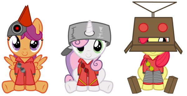 Size: 600x309 | Tagged: apple bloom, artist:darkgloones, clothes, cosplay, costume, cute, cutie mark crusaders, derpibooru import, female, filly, line-up, robot, robot chicken, safe, scootabot, scootachicken, scootaloo, simple background, soldier, soldier pony, sweetie belle, team fortress 2, transparent background, trio