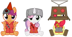 Size: 600x309 | Tagged: apple bloom, artist:darkgloones, clothes, cosplay, costume, cute, cutie mark crusaders, derpibooru import, female, filly, line-up, robot, robot chicken, safe, scootabot, scootachicken, scootaloo, simple background, soldier, soldier pony, sweetie belle, team fortress 2, transparent background, trio