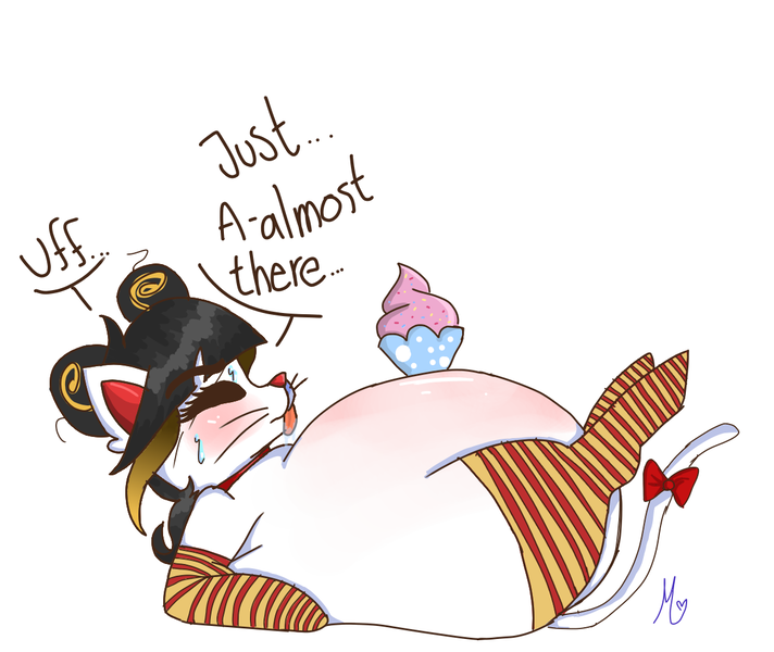 Size: 1186x1000 | Tagged: suggestive, artist:blueblueberry99, derpibooru import, oc, oc:kumiko, unofficial characters only, hybrid, belly, big belly, blushing, clothes, cupcake, cute, eyes closed, fat, fat cat, fat fetish, fetish, food, obese, on back, simple background, socks, solo, striped socks, tongue out, white background