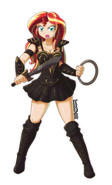 Size: 2424x4000 | Tagged: absurd resolution, armor, armor skirt, artist:danmakuman, beautiful, boots, breasts, chakram, cleavage, clothes, commission, derpibooru import, female, human, humanized, open mouth, safe, shoes, simple background, skirt, solo, sunset shimmer, sword, thighs, transparent background, weapon, whip, xena