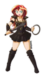 Size: 2424x4000 | Tagged: absurd resolution, armor, armor skirt, artist:danmakuman, beautiful, boots, breasts, chakram, cleavage, clothes, commission, derpibooru import, female, human, humanized, open mouth, safe, shoes, simple background, skirt, solo, sunset shimmer, sword, thighs, transparent background, weapon, whip, xena