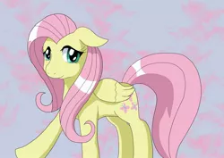 Size: 2480x1754 | Tagged: safe, artist:carol-aredesu, derpibooru import, fluttershy, pegasus, pony, floppy ears, folded wings, looking at you, smiling, solo, standing
