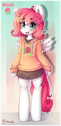 Size: 733x1500 | Tagged: safe, artist:apony, derpibooru import, oc, oc:rose, unofficial characters only, pegasus, semi-anthro, bipedal, blushing, clothes, cute, female, flower, hoodie, moe, ocbetes, open mouth, pleated skirt, rose, shirt, short skirt, skirt, smiling, solo, spread wings, underhoof, wings