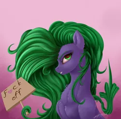 Size: 3050x3000 | Tagged: safe, artist:skitsniga, derpibooru import, mane-iac, pony, chest fluff, female, mare, middle finger, missing accessory, prehensile mane, sign, solo, vulgar