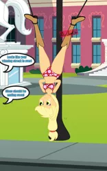 Size: 2500x4000 | Tagged: suggestive, artist:thevincenator, derpibooru import, applejack, equestria girls, applesub, arm behind back, bondage, bra, breasts, clothes, dashdom, femsub, humiliation, image, panties, png, polka dot underwear, public humiliation, red underwear, submissive, suspended, underwear