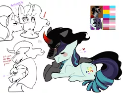 Size: 1280x960 | Tagged: artist:suenden-hund, coloratura, coloratura is amused, crack shipping, curved horn, demigirl, derpibooru import, female, heart, king sombra, king sombra is not amused, lesbian, music notes, pride, prone, queen sombrina the pansexual trans woman, queen umbra, rule 63, safe, shipping, simple background, sombratura, transgender, trans girl, white background