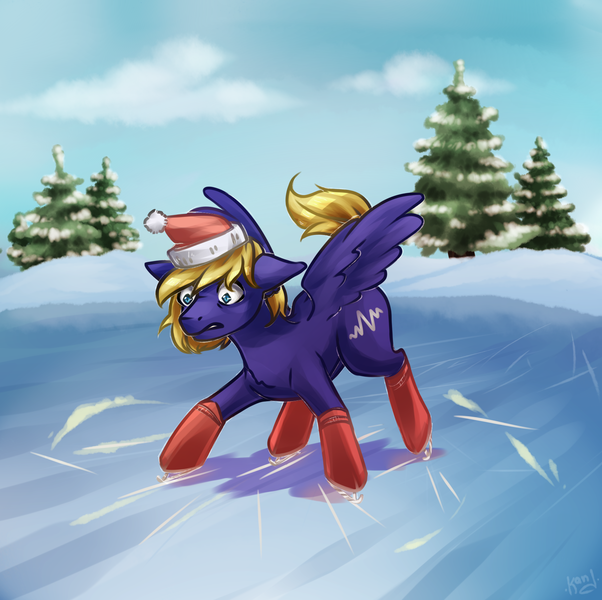 Size: 1500x1494 | Tagged: safe, artist:kand, derpibooru import, oc, oc:cloud quake, unofficial characters only, pegasus, pony, christmas, hat, holiday, ice, ice skates, ice skating, lake, male, santa hat, snow, solo, tree, winter, ych result