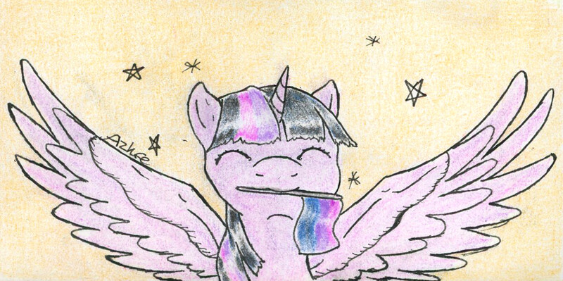 Size: 1256x626 | Tagged: safe, artist:azkre, derpibooru import, twilight sparkle, twilight sparkle (alicorn), alicorn, pony, bi twi, bilight sparkle, bisexual pride flag, bisexuality, eyes closed, female, mare, mouth hold, pride, pride flag, solo, spread wings, traditional art, twilight sparkle is amused, wings