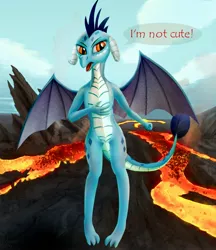 Size: 2071x2402 | Tagged: artist:quvr, blatant lies, cute, derpibooru import, dragon, emberbetes, i'm not cute, lava, princess ember, safe, solo, tsundember, tsundere