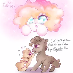 Size: 5000x5000 | Tagged: safe, artist:pinkablue, derpibooru import, grand pear, pear butter, earth pony, pony, :o, absurd resolution, begging, bipedal, comic, cute, dialogue, duo, father and daughter, female, filly, freckles, gradient background, hnnng, hooves, lidded eyes, male, offscreen character, open mouth, pearabetes, pov, puppy dog eyes, reaching, simple background, smiling, sparkles, stallion, white background, young grand pear, younger