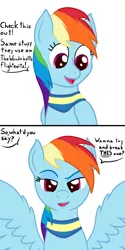 Size: 500x1000 | Tagged: suggestive, artist:deserter, derpibooru import, rainbow dash, pony, bedroom eyes, bust, choker, confident, dialogue, female, handwriting, imminent blowjob, looking at you, mare, simple background, smiling, smirk, solo, solo female, spread wings, until the choker breaks, white background, wing fluff, wingboner, wings