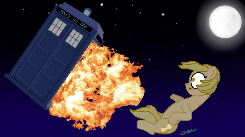 Size: 1024x575 | Tagged: safe, artist:jamesawilliams1996, derpibooru import, doctor whooves, time turner, ponified, pony, doctor who, explosion, falling, jodie whittaker, moon, night, night sky, sky, sonic screwdriver, spoilers for another series, tardis, thirteenth doctor