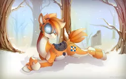 Size: 2726x1709 | Tagged: safe, artist:kityena, derpibooru import, oc, oc:kiva, unofficial characters only, pony, robot, robot pony, female, forest, glowing eyes, snow, solo, tree, tree stump, winter